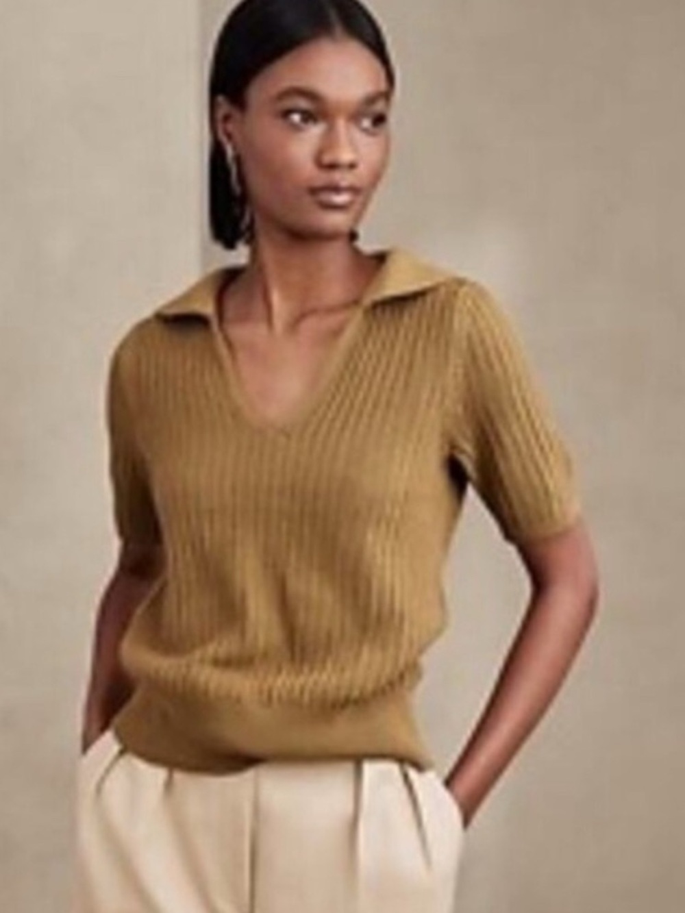 Banana Republic Ribbed Polo V-Neck Short-Sleeve Sweater in Mustard